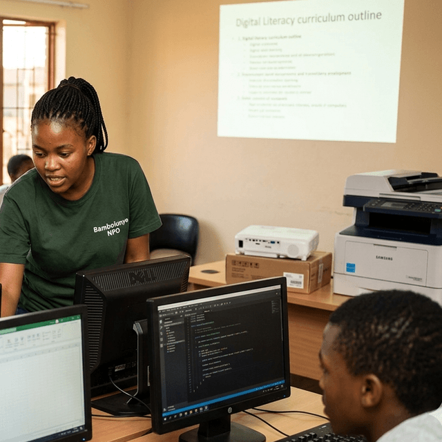 Help Bambolunye NPO by Donating 10 PCs or laptops, 1 projectors, and 1 printer for Soweto youth gain skills, digital tools, and jobs.