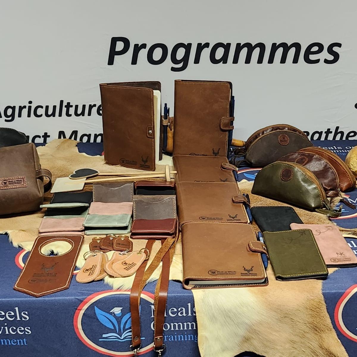 Leather products made by the skills training team.