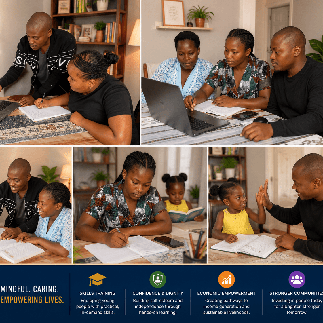 The sessions were conducted in a home-based community learning environment where participants received guidance, digital support, mentorship, and practical skills development. These moments reflect the organization’s commitment to empowering underserved individuals through accessible learning opportunities, confidence-building, and community-centered support. The photographs were later refined into professional presentation materials to help communicate the impact.