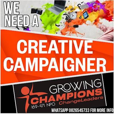 Help Growing Champions NPO with 10 volunteers for Graphic designing