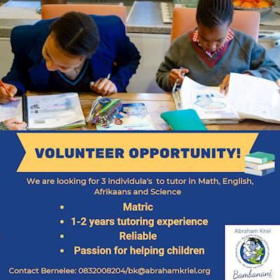Help Abraham Kriel Bambanani NPC with 5 volunteers for tutoring