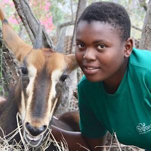 Child and sable antelope at DAKTARI
