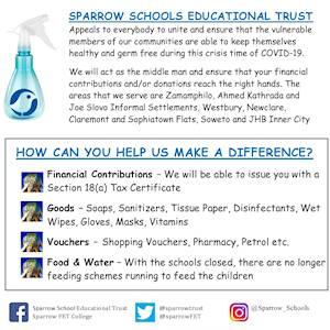 Help Sparrow Schools Educational Trust by Financial Contributions, Goods, Vouchers, Food & Water for Vulnerable members of our communities COVID-19